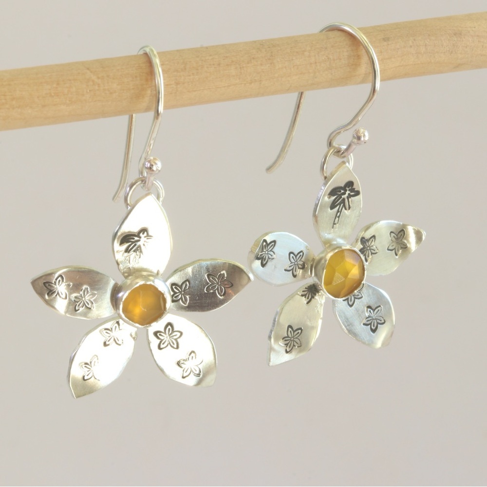 Sterling Silver Citrine Flower Earrings – Handmade by Me – New
